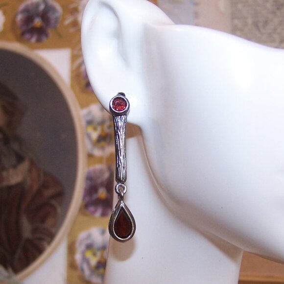 Vintage Sterling Silver Garnet Dangle Earrings - Posts with Nuts - Picture 5 of 9